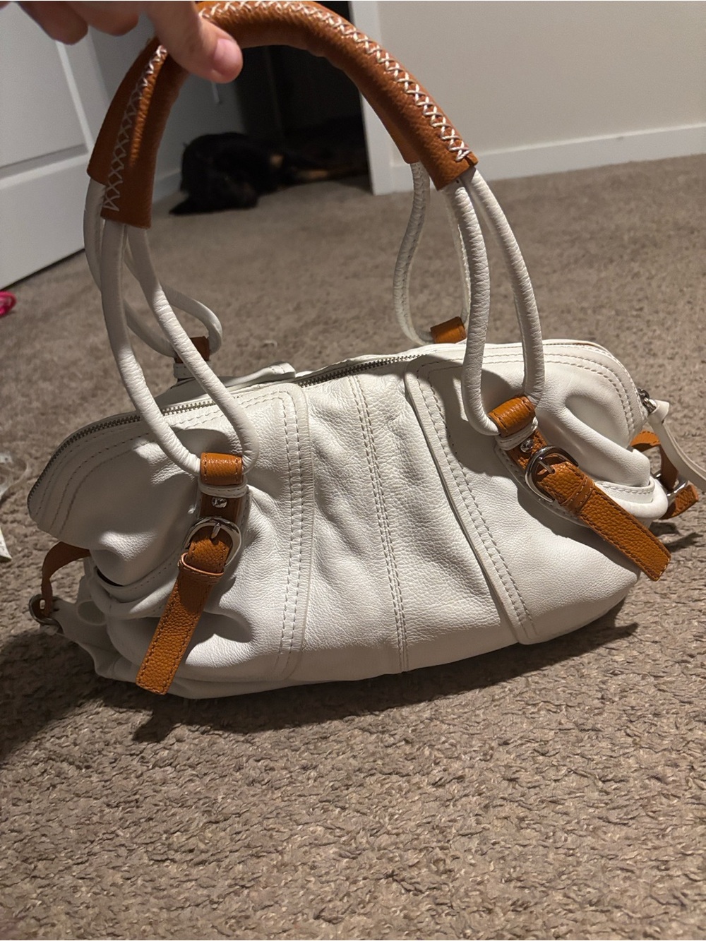 Sondra Roberts White with Tan trim Leather Satchel Handbag. - Picture 5 of 14